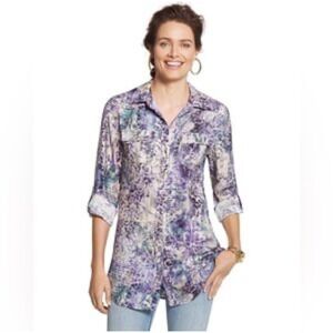 NWT Chicos Women's Sz‎ 2 (L) Purple Divine Damask Athens Roll Tab Sleeve Top